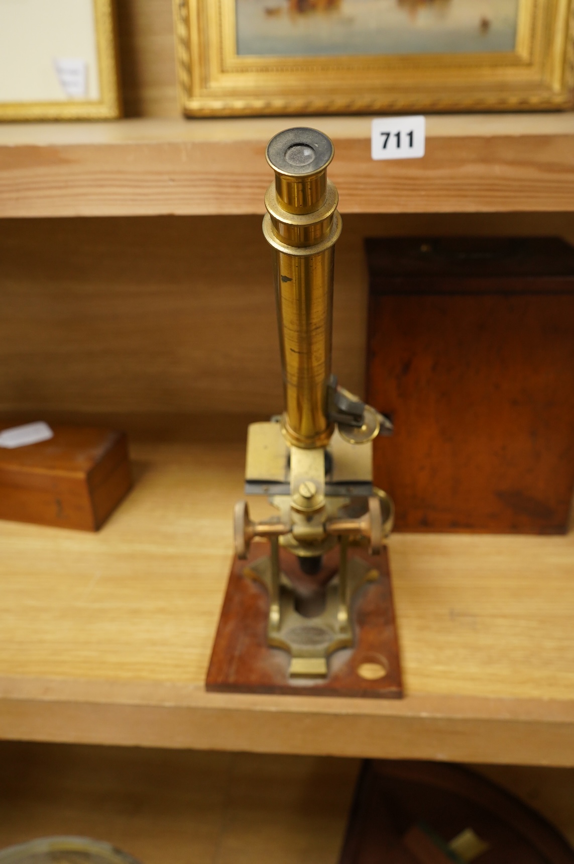 A late 19th century lacquered brass spectroscope, in three sections , by John Brown, 63, Strand, London, mahogany cased; 19 x 13.5 x 7cm